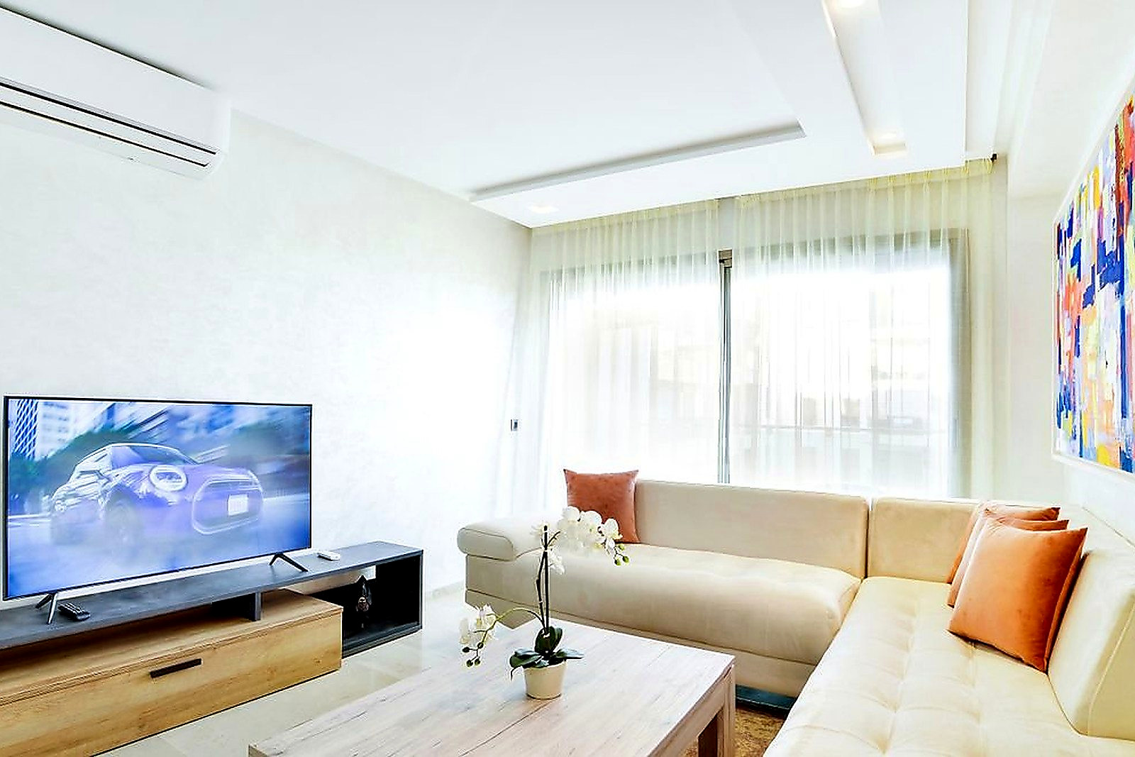 Free Bright living room featuring modern decor with sofa, TV, and abstract art. Stock Photo